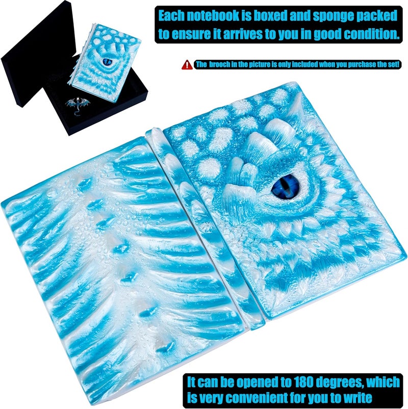 LZlightactor 3D Dragon Eye Embossed Journal,Resin Engraving Notebook,Dnd notebook for Dragon Lovers ，Blank Paper,Hardcover Travel Notepad for Writing,Sketchbook,Collection,Gift,Decoration A4 and A5 Size (A5-Ice dragon-Lined-Brooch) - Image 5